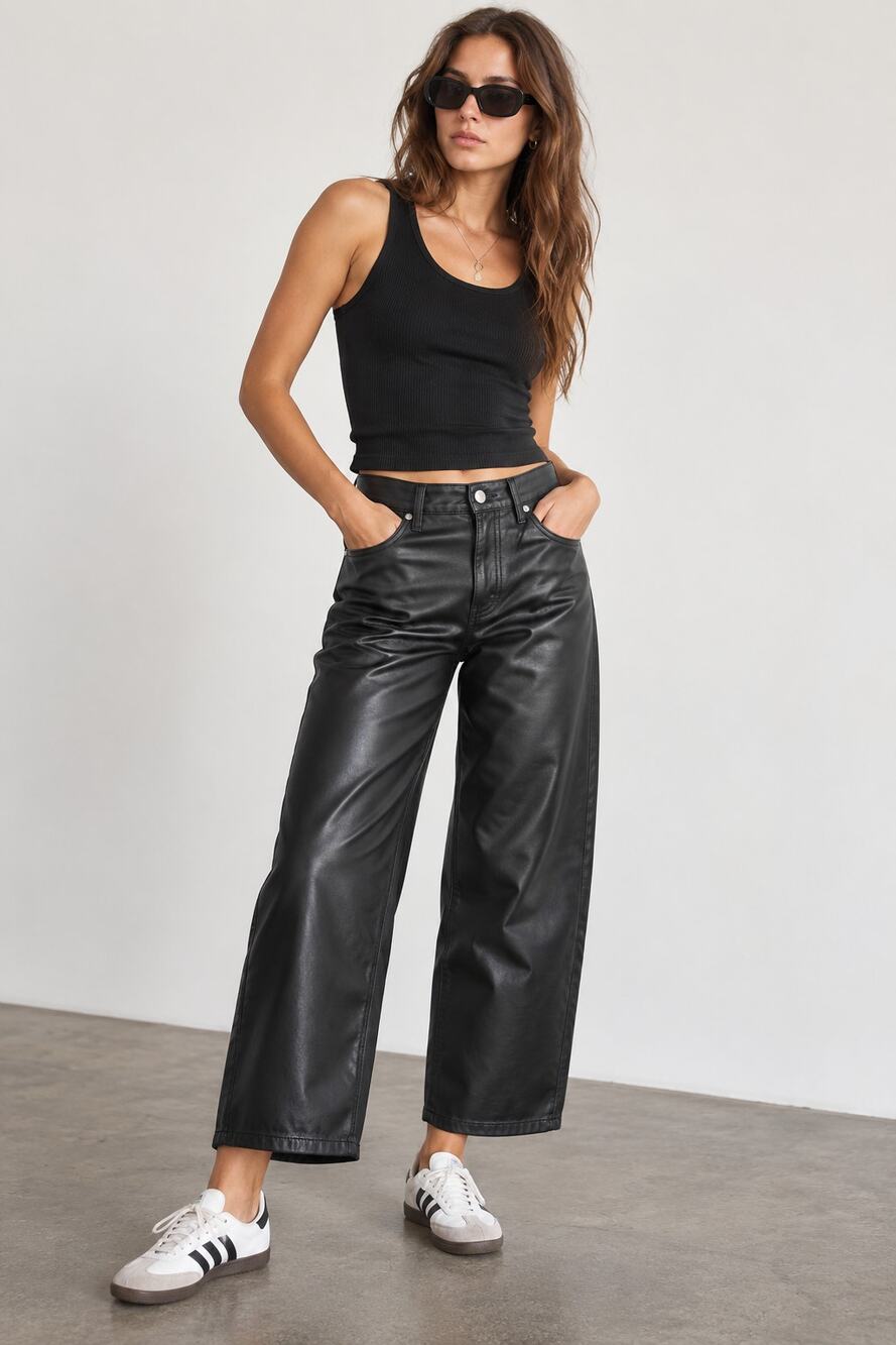 Faux Leather Wide Leg Black Pants Womens Sz 29x28 Cropped Baggy Dad Moto Relaxed